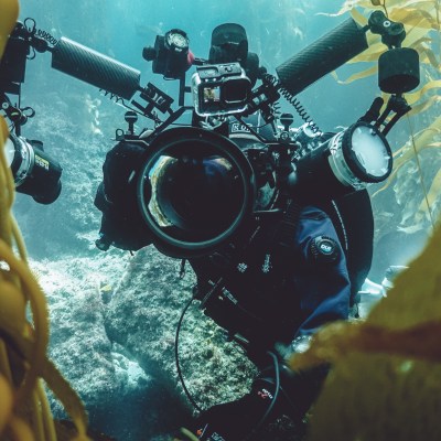Underwater photographer with camera gear amid kelp forest.