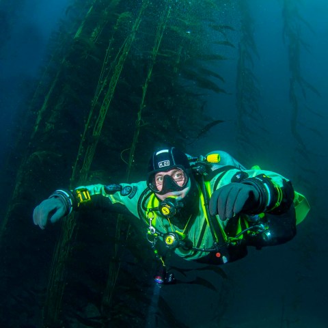 a man swimming in the snow