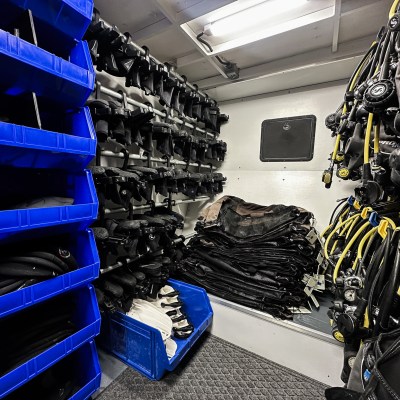 Scuba gear, including wetsuits, fins, and regulators, neatly organized in a storage room with blue bins.
