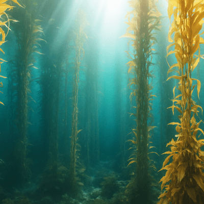 Sunlit underwater view of tall kelp forest with blue-green water.